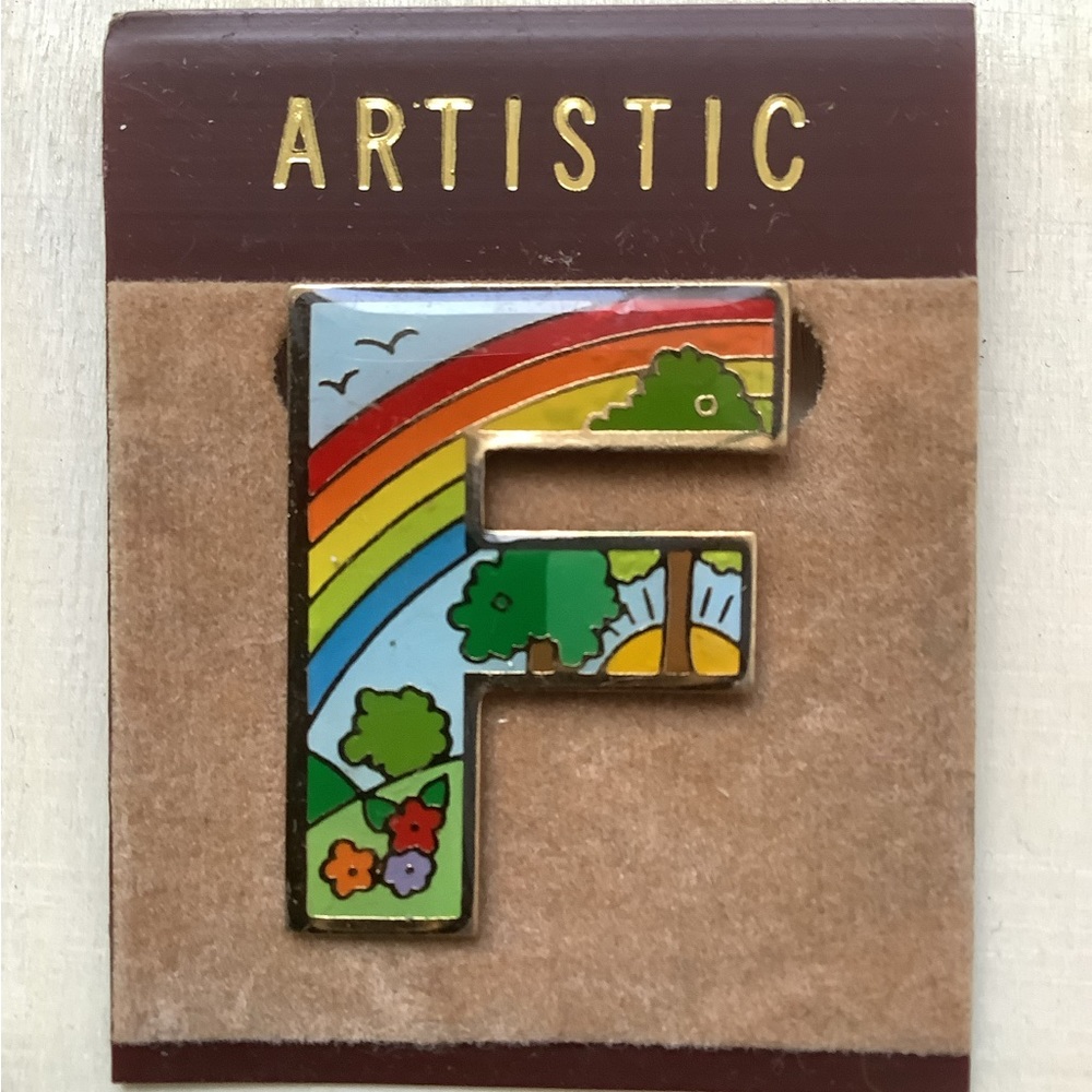 NWOT Vintage Cloisonné Rainbow “F” monogram brooch pin